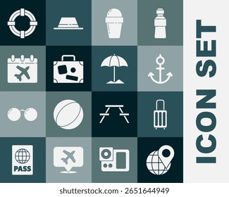 Set Location on the globe, Suitcase, Anchor, Ice cream in waffle cone, Calendar and airplane, Lifebuoy and Sun protective umbrella for beach icon. Vector