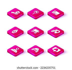 Set Location on the globe, Taxi car, Car key with remote, Bus, Map pointer taxi, Laptop location marker and Magnifying glass and icon. Vector
