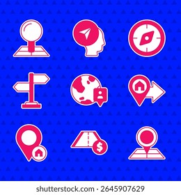 Set Location on the globe, Toll road traffic, Folded map with location marker, house, Road sign, Compass and  icon. Vector