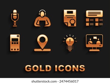 Set Location, Online quiz, test, survey, education, Light bulb with concept of idea, Mobile phone, Certificate template, Microphone and Student icon. Vector