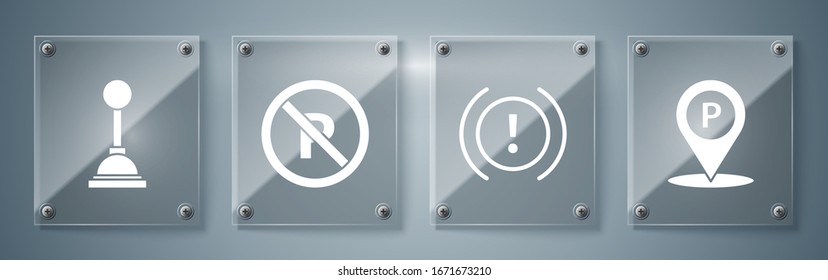 Stellen Sie die Position mit Parkplatz, Bremsanlage Warnung, kein Parken oder Anhalten und Gangwechsel ein. Viereckige Glasplatten. Vektorillustration