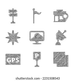 Set Location, Parking, Folded map, Radar, Gps device with, Wind rose, store and Road traffic sign icon. Vector