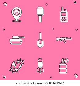 Setzen Sie Platz Frieden, Anti-Panzer Handgranate, Walkie Talkie, Militär, Shovel, Submaschinenkanone, Bomb explosive Erde und Raketenabschusssymbol. Vektorgrafik
