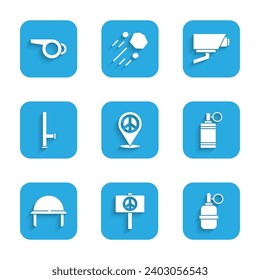 Set Location peace, Peace, Hand grenade, Military helmet, Police rubber baton, Security camera and Whistle icon. Vector