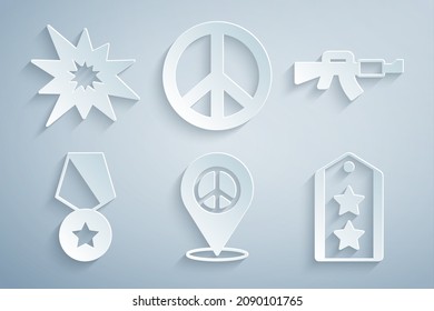 Set Location peace, M16A1 rifle, Military reward medal, rank, Peace and Bomb explosion icon. Vector