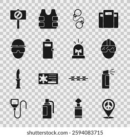 Set Location peace, Pepper spray, Special forces soldier, Handcuffs, Police assault shield, Protest and Flasher siren icon. Vector