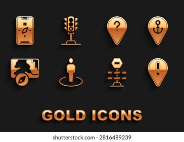 Set Location with person, anchor, exclamation mark, Road barrier, City map navigation, Unknown route point, Compass mobile and Traffic light icon. Vector