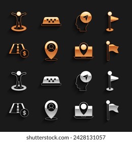 Set Location with person, marker, Laptop location, Toll road traffic sign,  and Taxi car roof icon. Vector