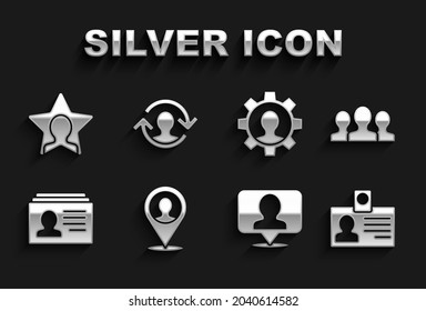 Set Location with person, Users group, Identification badge, Resume, Human gear, Head hunting and resources icon. Vector