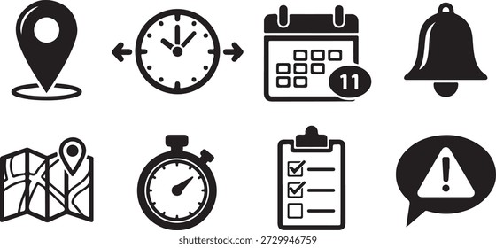 Set of Location Pin Clock Calendar Checklist and Notification Bell Flat with Transparent Background