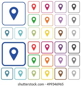 Set of location pin flat rounded square framed color icons on white background. Thin and thick versions included.
