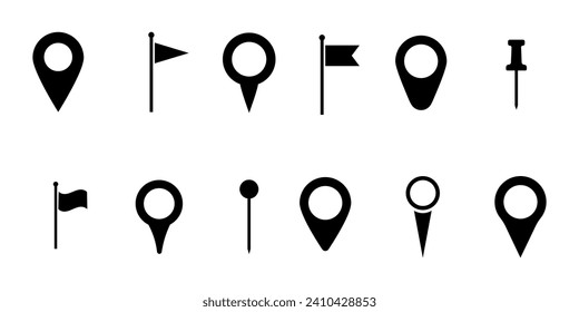 Set of location pin icons. Flag icon. Map markers Illustration. Destination symbol. Pointer logo. Vector illustration