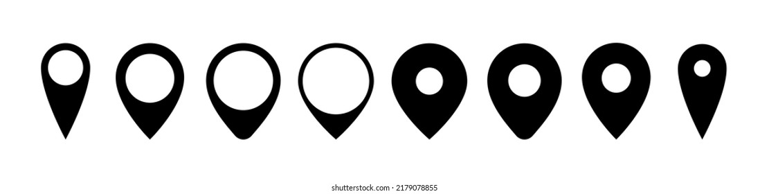 Set of location pin icons. Label pictogram geo symbols. Thin and sick form. Black vector illustration on white background.