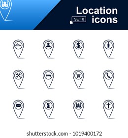 Set of location pin icons. Line icons. Vector location pin icons on white background.