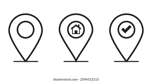 Set of location pin icons. Map marker pointer symbols, GPS location. Navigation map, location navigation icon, geo location point. Vector.