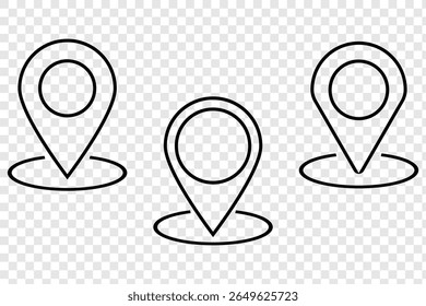 Set of location pin icons. Map marker pointer symbols, GPS location. Navigation map, location navigation icon, geo location point. Vector isolated on transparent background. eps 10