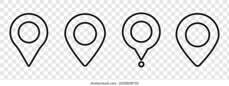 Conjunto de iconos de pin de ubicación. Símbolos de puntero de marcador de mapa, ubicación GPS. Mapa de navegación, icono de navegación de ubicación, punto de ubicación geográfica. Vector.