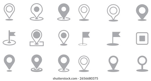 Conjunto de iconos de pin de ubicación. Símbolos de puntero de marcador de mapa, ubicación GPS. Mapa de navegación, icono de navegación de ubicación, punto de ubicación geográfica. Vector.