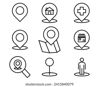 Juego de iconos de los pines de localización o iconos de las marcas de ubicación