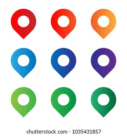 Set of location pin or map pointer or geo tag icons with different gradient color fills.Vector illustration.