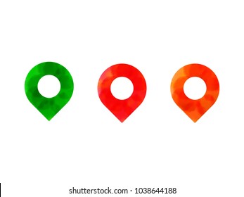 Set of location pin or map pointer or geo tag icons with green,red and orange watercolor fills.Vector illustration.