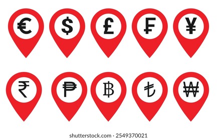 Set of location pin markers with world currency symbols. Vector icons isolated on white