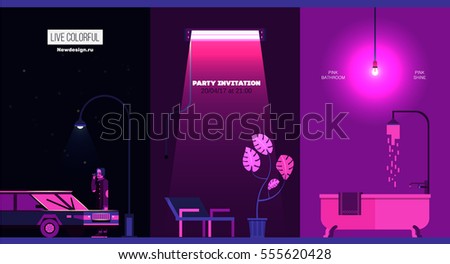 set location with a pink person. car on a background of the night. smoking person. a chair with a flower and a fluorescent lamp. pink flat bath with shower. a party invitation template