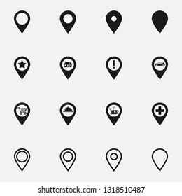 Set of location pins black and white vector icon.