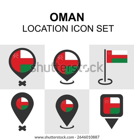 Set of location pins featuring the flag of Oman in clean styles. Ideal for Middle Eastern travel, apps, and educational use.
