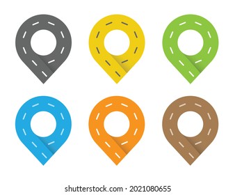 A set of location pins styled like a road