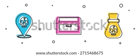 Set Location pirate, Antique treasure chest and Pirate coin icon. Vector