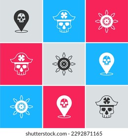 Set Location pirate, Pirate captain and Ship steering wheel icon. Vector