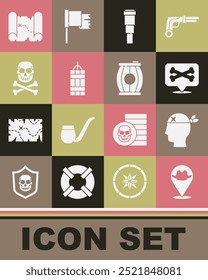 Set Location pirate, Pirate captain, Spyglass telescope lens, Dynamite bomb, Skull crossbones, treasure map and Gun powder barrel icon. Vector