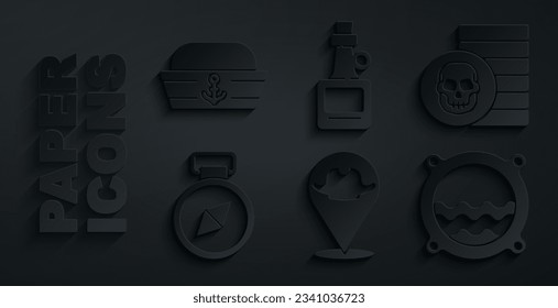 Set Location pirate, Pirate coin, Compass, Ship porthole with seascape, Alcohol drink Rum and Sailor hat icon. Vector