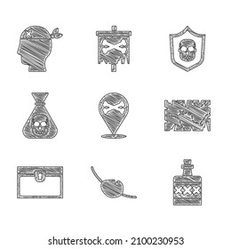 Set Location pirate, Pirate eye patch, Alcohol drink Rum, treasure map, Antique chest, coin, Shield with skull and captain icon. Vector