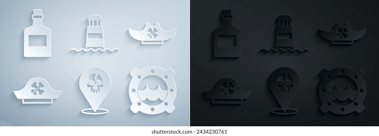 Set Location pirate, Pirate hat, Ship porthole with seascape, Lighthouse and Alcohol drink Rum icon. Vector