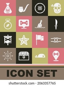 Set Location pirate, Rope tied in knot, Pirate sword, Compass, coin and Bottle with message water icon. Vector