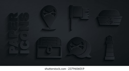 Set Location pirate, Sailor hat, Antique treasure chest, Lighthouse, Pirate flag and  icon. Vector