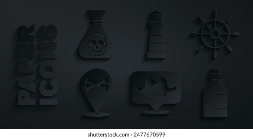 Set Location pirate, Ship steering wheel, Alcohol drink Rum, Lighthouse and Pirate coin icon. Vector