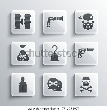 Set Location pirate, Skull crossbones, Vintage pistols, Pirate hook, Alcohol drink Rum, coin, Binoculars and  icon. Vector