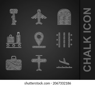 Set Location, Plane, landing, Airport runway, Suitcase, conveyor belt with suitcase, Aircraft hangar and steering helm icon. Vector