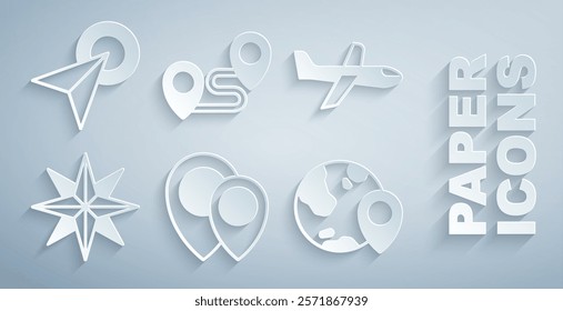 Set Location, Plane, Wind rose, the globe, Route location and Infographic of city map navigation icon. Vector