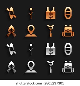Set Location, Rafting boat, Hiking backpack, Sausage the fork, Campfire, Life jacket, Kayak canoe and Marshmallow stick icon. Vector