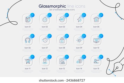Set of Location, Refresh bitcoin and Privacy policy line icons for web app. Timer, Parking, Auction hammer icons. Web tutorials, Copyright locker, Love signs. Cardboard box, Electricity. Vector