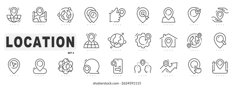 Set of location related line icons. Pointer, marker, pin, direction etc. Editable stroke. Set 2