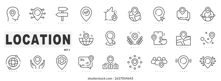 Set of location related line icons. Pointer, marker, pin, direction etc. Editable stroke. Set 3