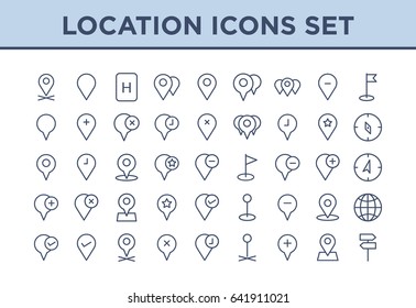 Set of Location Related Vector Line Icons. Contains such Icons Plus,Minus,Pin,Compass,Star,Flag,Globe and more. Fully Editable. Neatly Done