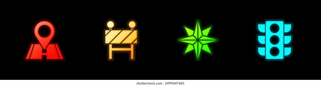 Set Location, Road barrier, Wind rose and Traffic light icon. Vector