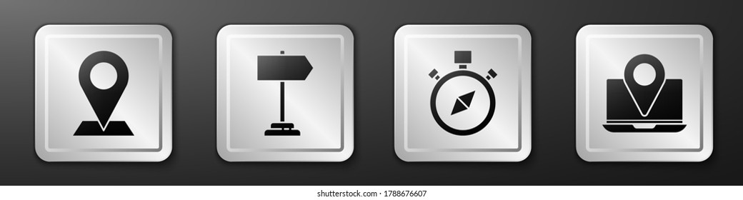 Set Location, Road traffic sign, Compass and Laptop with location marker icon. Silver square button. Vector