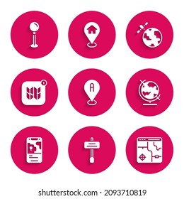 Set Location, Road traffic sign, Infographic of city map, Earth globe, City navigation, Satellites orbiting the planet and Push pin icon. Vector